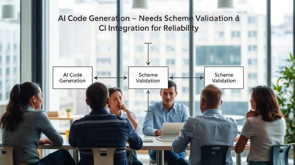 A diagram illustrating the AI code generation, schema validation, and CI integration workflow.