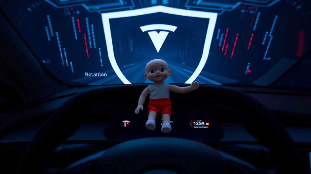 Tesla dashboard showing the AI misinterpreting a doll as an obstacle.