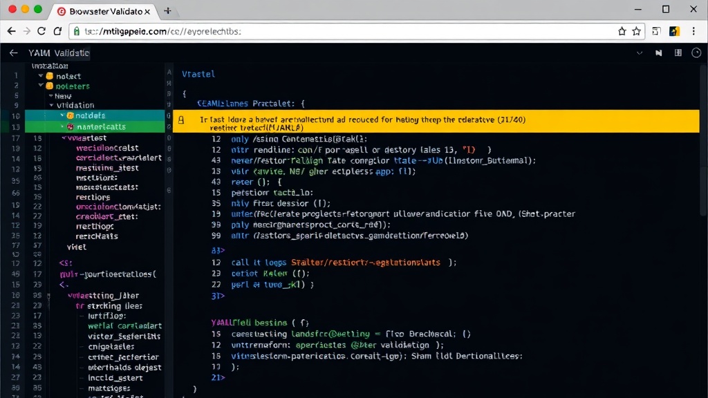 Screenshot of browser-based YAML validator interface showing error highlighting