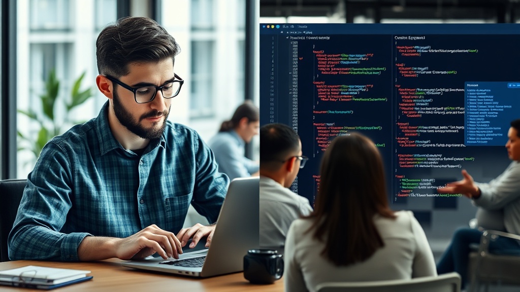 A split image showing a developer typing code on one side and an AI interface suggesting code snippets on the other.