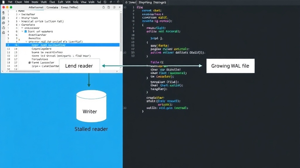 Diagram illustrating two SQLite connections, one stalled reader and one active writer, and the growing WAL file.