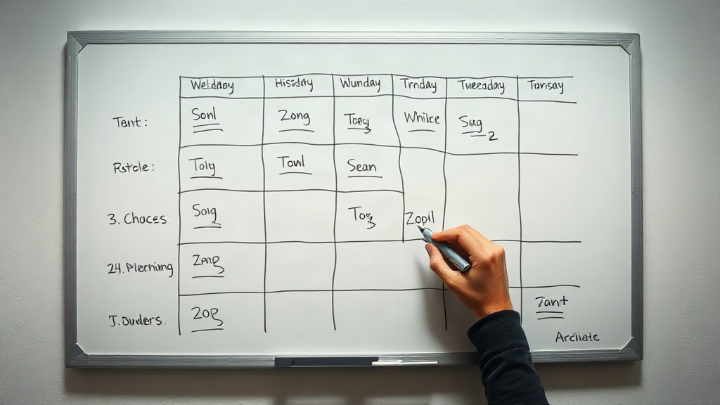 A person writing a weekly schedule on a physical whiteboard, illustrating manual organization.