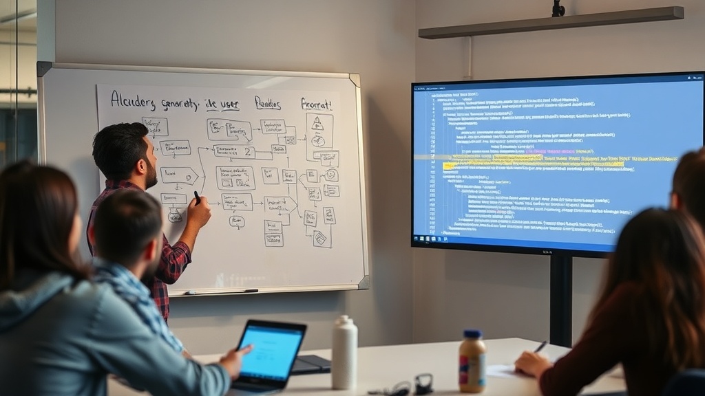 A founder sketching user flows on a whiteboard, juxtaposed with AI code generation on a screen.