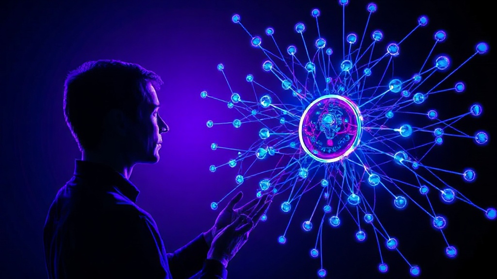 Conceptual illustration of a human interacting with an AI interface, with the AI processing complex data