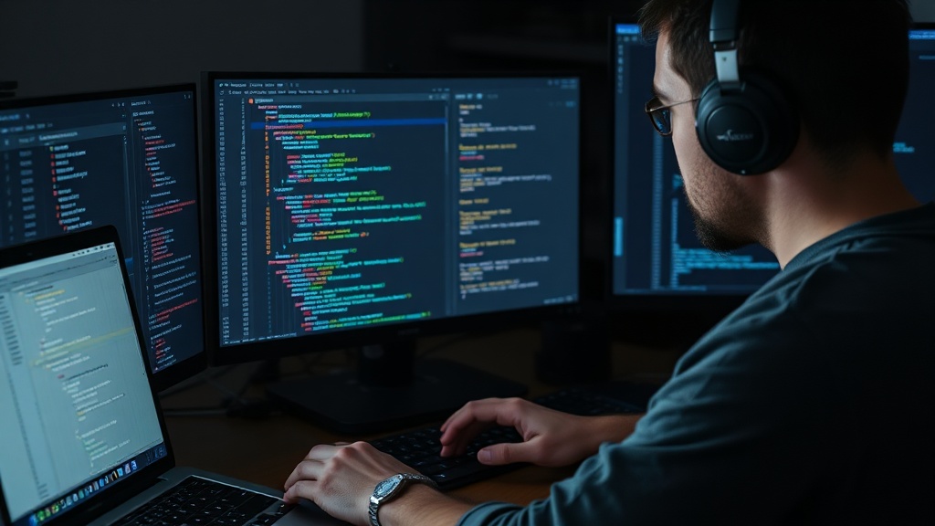 Developer examining code changes on a laptop screen with multiple monitors