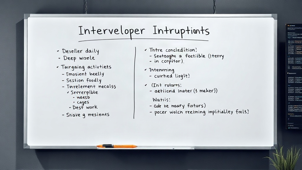 Whiteboard illustrating developer daily activities tagged as interruptible or deep work