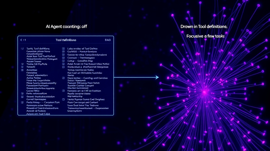 Diagram illustrating AI agent context window filled with tool definitions versus a focused agent with few tools.