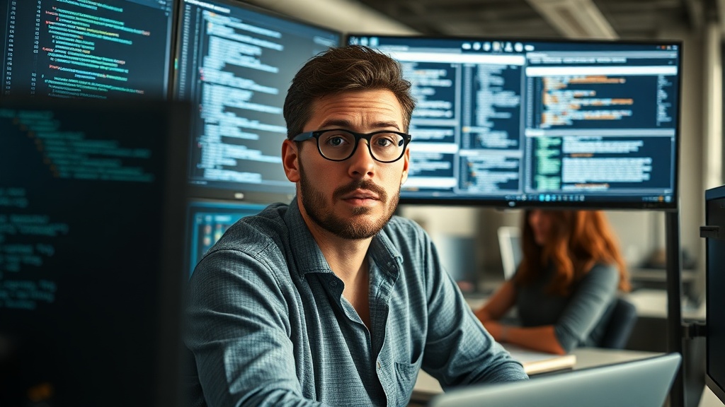 Developer looking overwhelmed by multiple monitors displaying code and documentation