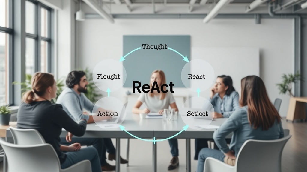 Diagram illustrating the ReAct framework's loop: Thought, Action, Observation.