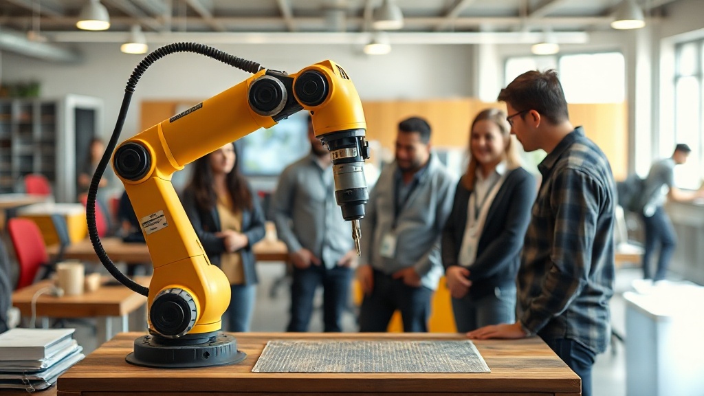 Robotic arm in a micro-factory setting demonstrating precise material deposition