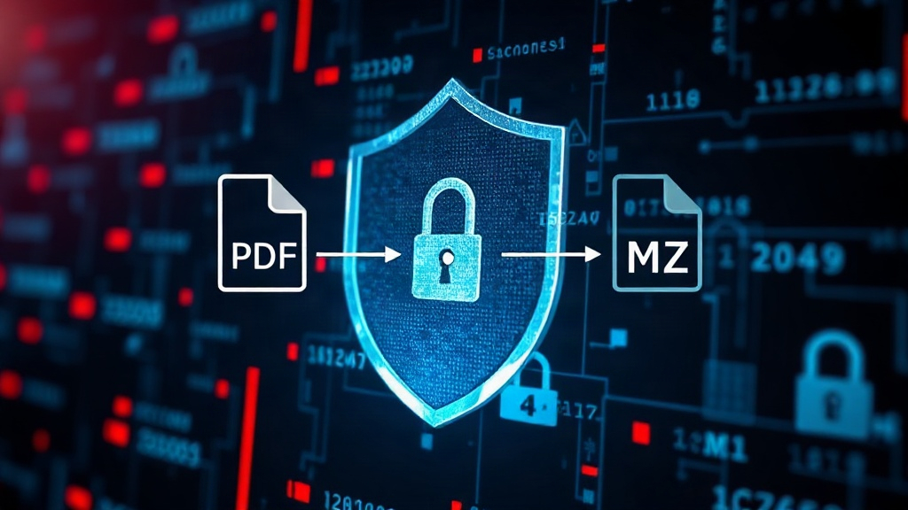 Diagram illustrating file signatures: PDF starts with %PDF-, EXE starts with MZ