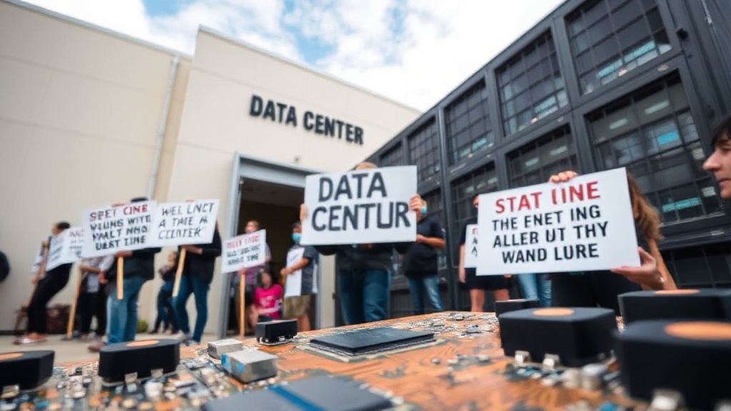 Protesters holding signs outside a large, modern data center facility.
