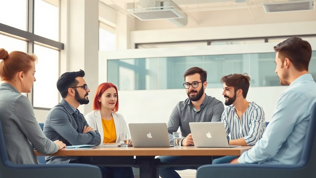 An illustration of Polish startup founders collaborating at a tech conference in Warsaw.