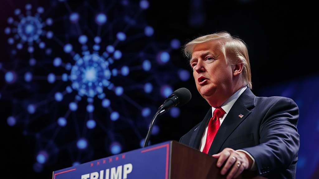 Donald Trump speaking at a rally, with AI-themed imagery in the background.