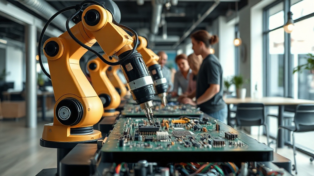 Automated robotic arms precisely placing components on a circuit board