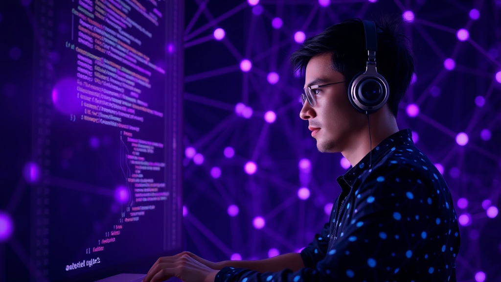 A programmer interacting with an AI code completion tool, highlighting AI as an extension of human work