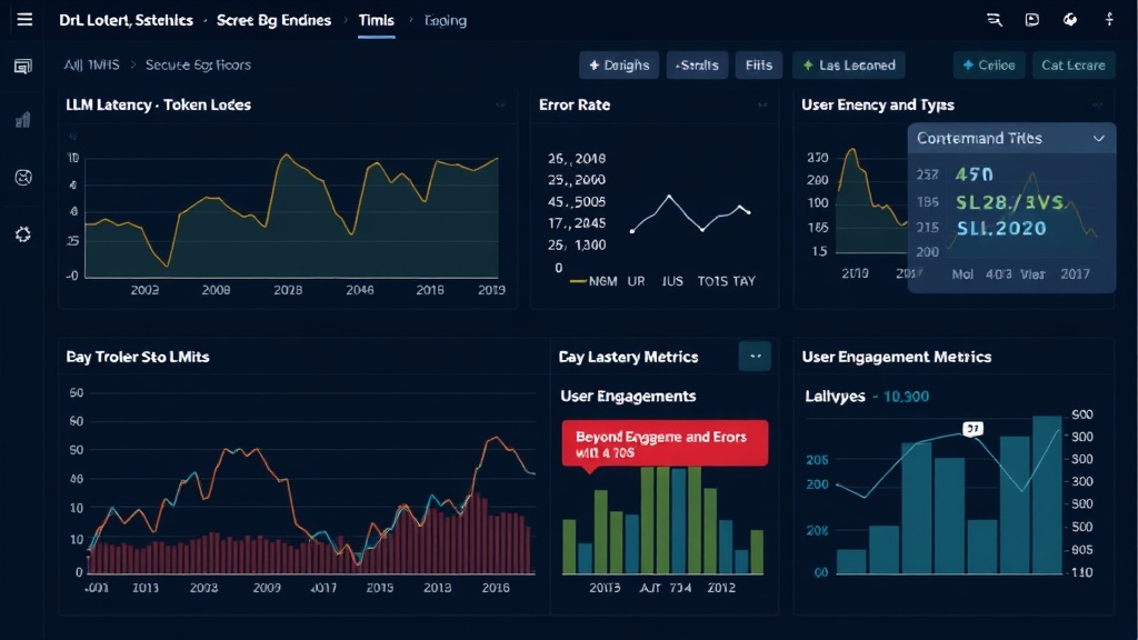 A dashboard showing LLM latency, token costs, and error rates, with a highlighted section for user engagement metrics.