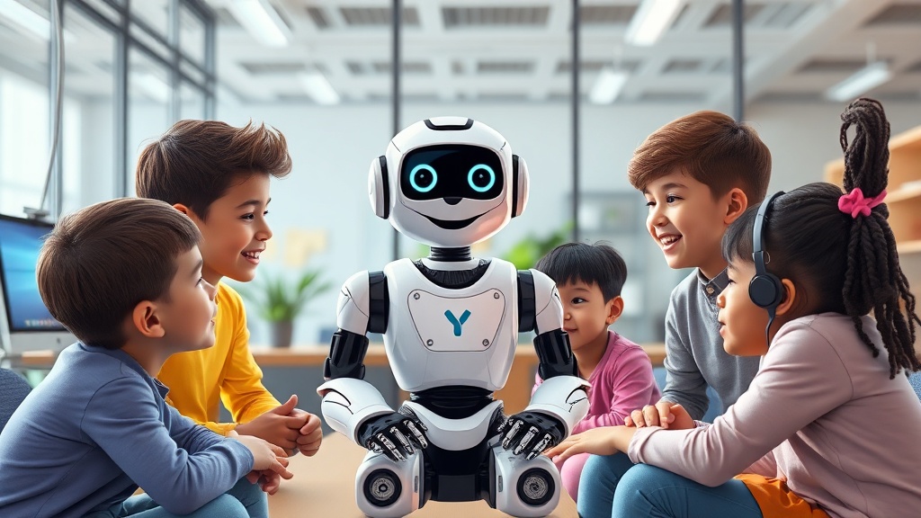 Illustration of a friendly AI robot interacting with diverse children in a colorful digital environment