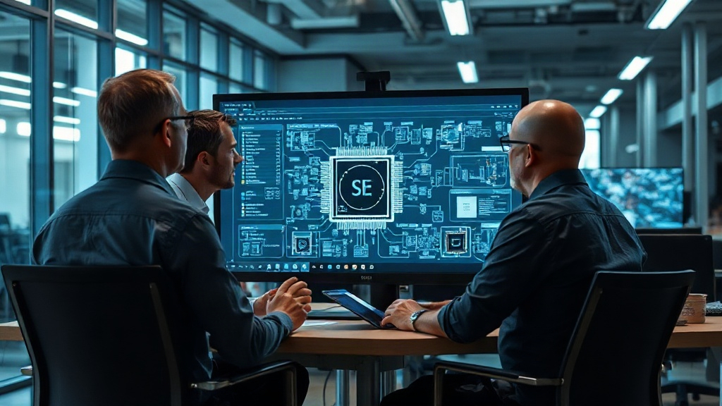 Engineers collaborating around a complex chip design schematic on a large monitor