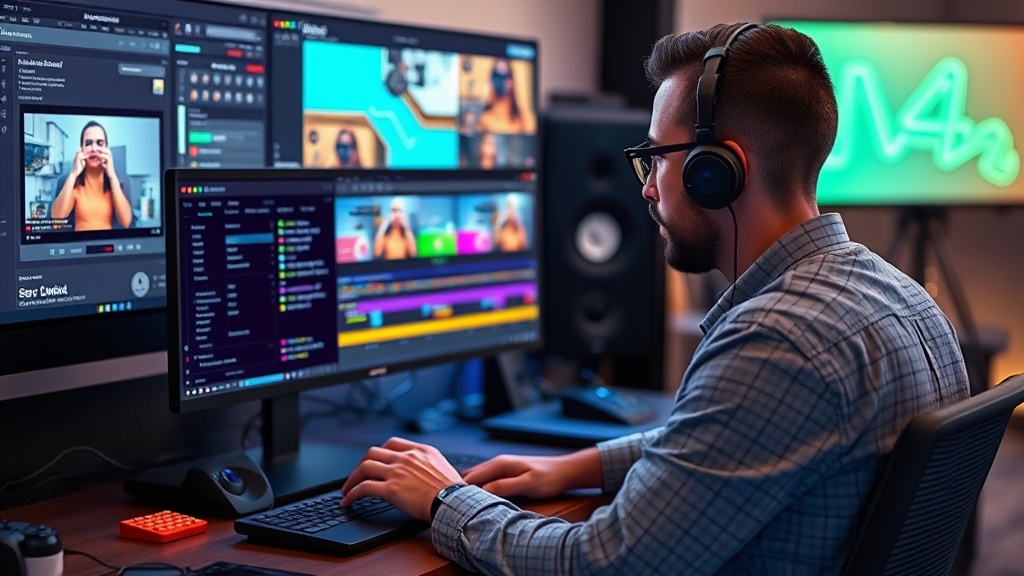 Concept art showing a filmmaker using an AI plugin with a visual timeline and control nodes