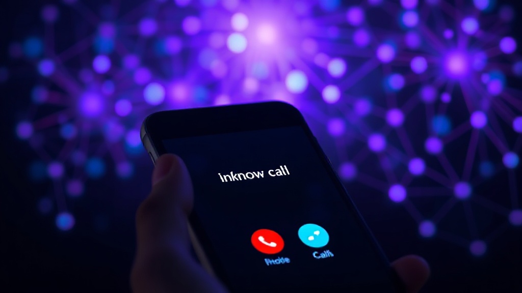 A user's smartphone displaying an incoming call from an unknown number, with a subtle AI interface overlay.