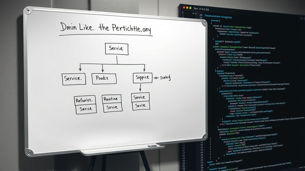 A whiteboard sketch illustrating a simplified system architecture with interconnected service boxes
