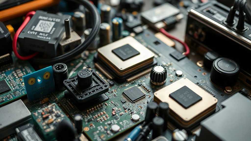 A cluttered desk showcasing a mix of new and old PC components
