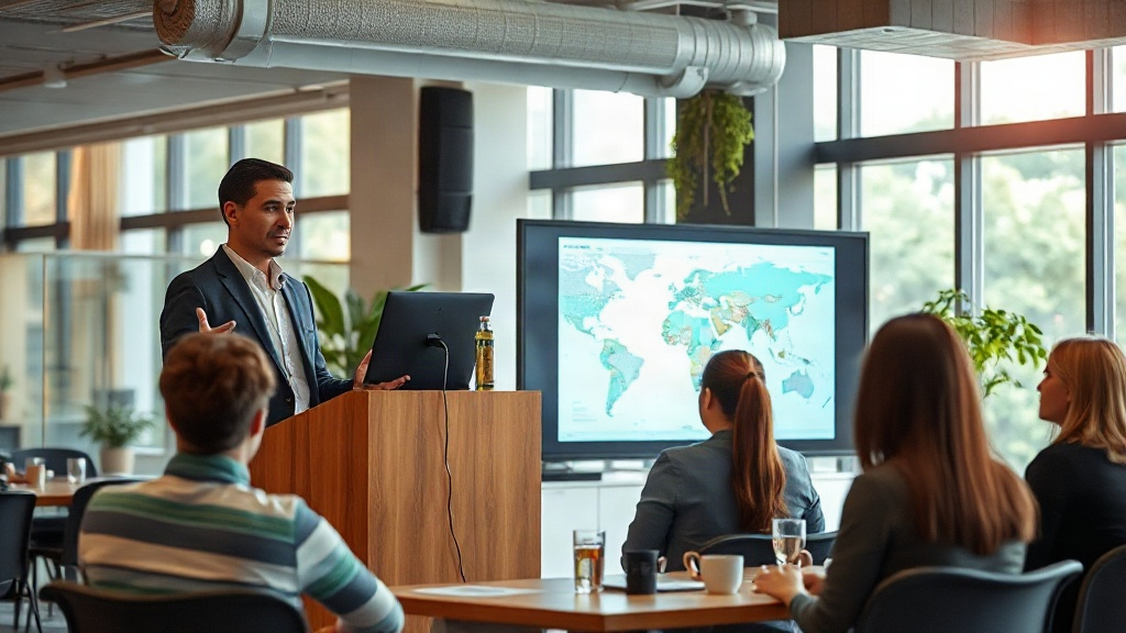 A professional presenting their research findings at a conference podium.