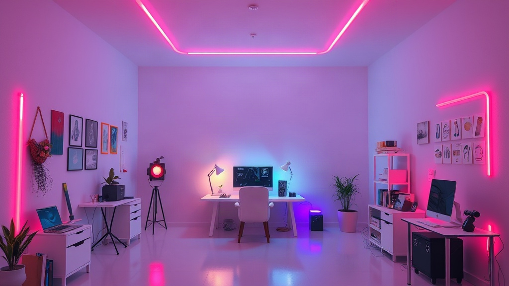 A minimalist digital room rendered in stark, glowing lines.