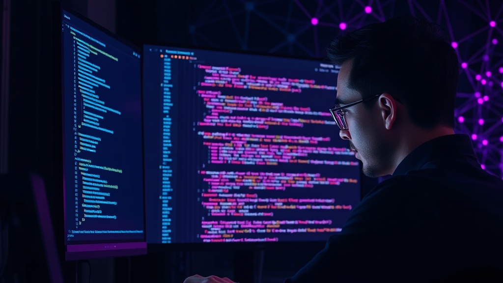 Developer looking at complex code on a screen with AI assistance highlighting potential bugs