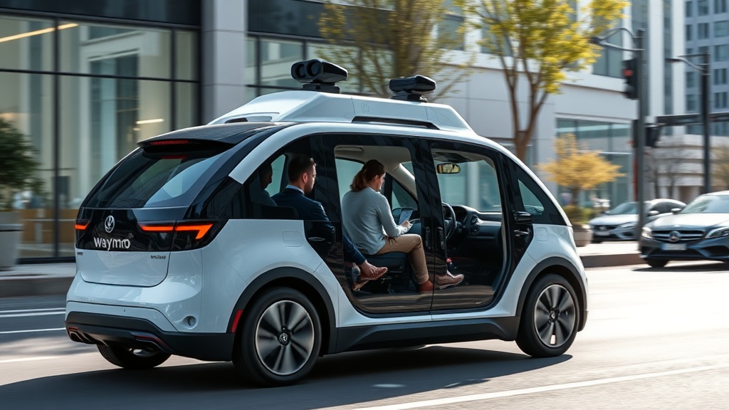 Waymo autonomous vehicle navigating a city street with passengers inside.
