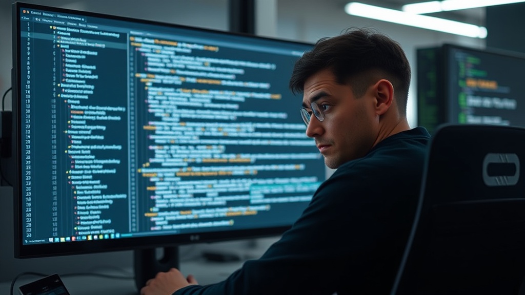 A developer staring at a large code diff on their screen, looking perplexed.