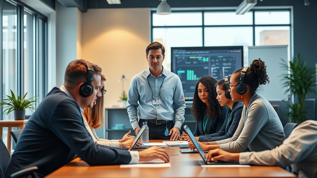 Human leader overseeing a diverse team collaborating with AI interfaces