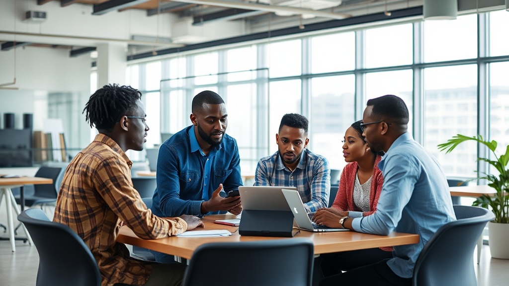 Nigerian entrepreneurs collaborating at a tech innovation workshop