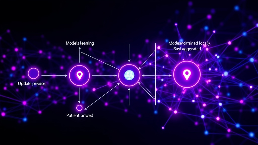 Diagram illustrating federated learning: models trained locally, updates aggregated, data remains private.