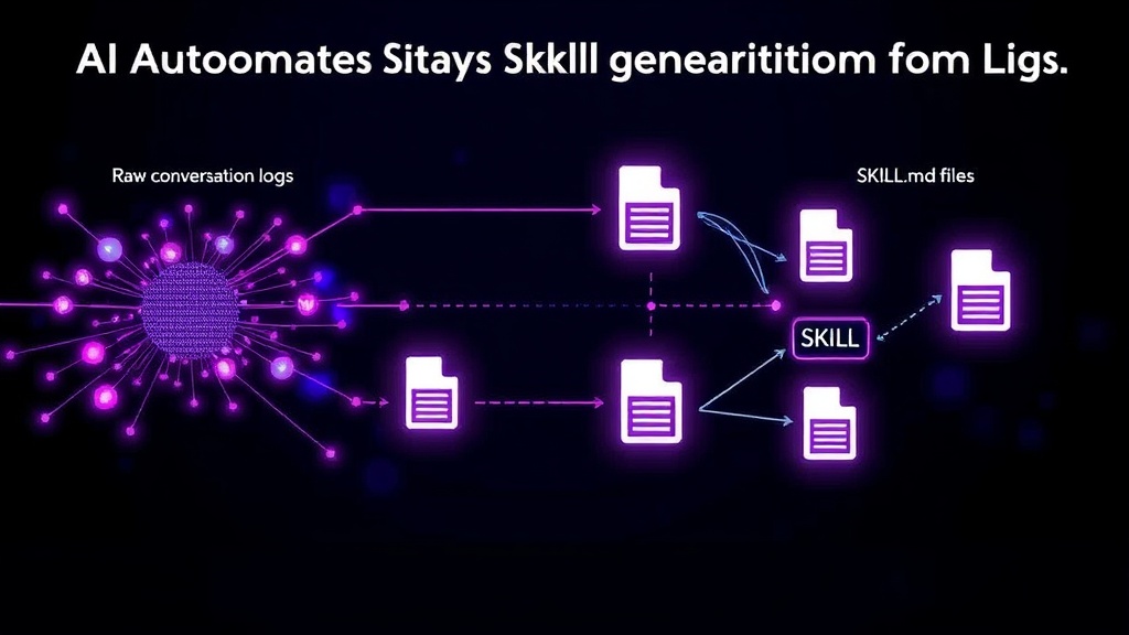 A conceptual diagram illustrating the flow from raw conversation logs to structured SKILL.md files.