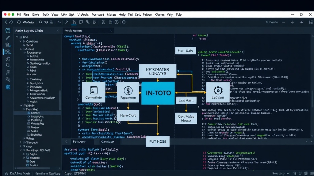Diagram illustrating a complex software supply chain with multiple integration points