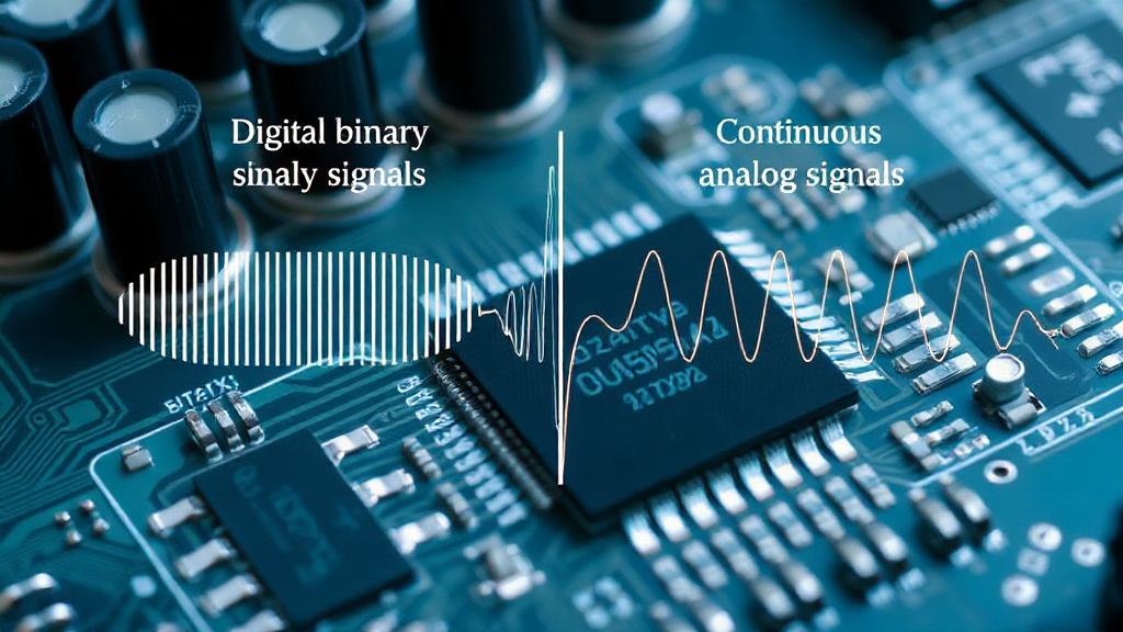 Diagram illustrating the difference between digital binary signals and continuous analog signals.