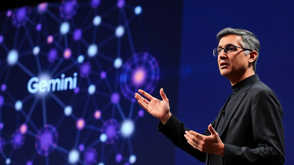 Sundar Pichai speaking at a Google AI event, gesturing towards a screen showing Gemini integration.