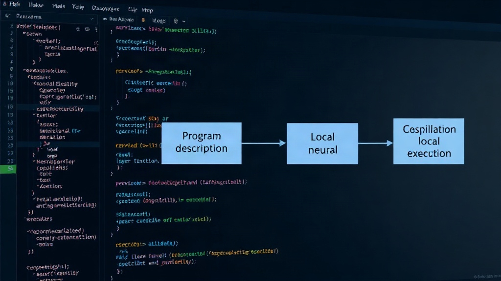 Conceptual diagram showing English description to neural program compilation and local execution flow