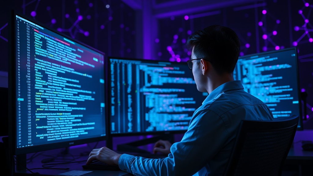 Developer reviewing AI-generated code on a multi-monitor setup
