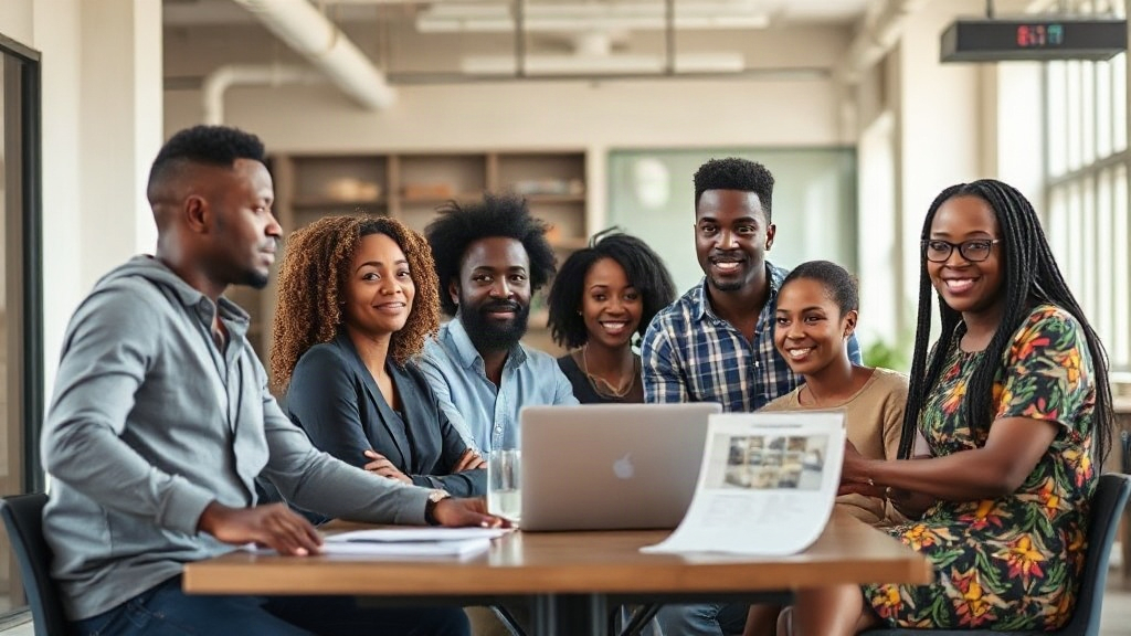 A diverse group of African startup founders in a modern co-working space.