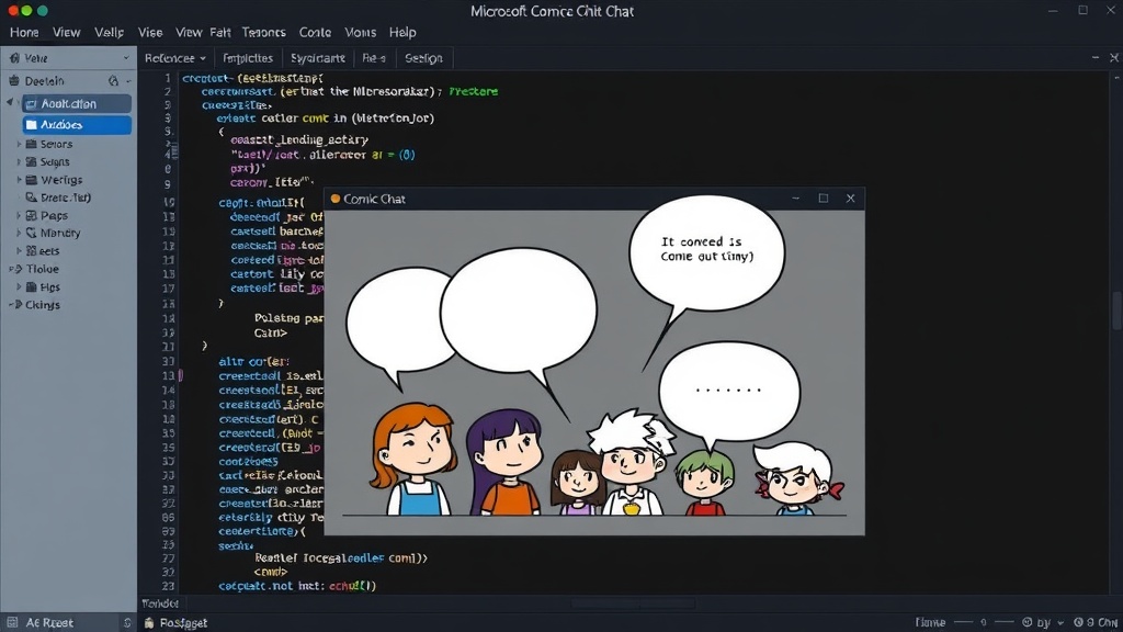 Screenshot of Microsoft Comic Chat interface with cartoon characters and speech bubbles