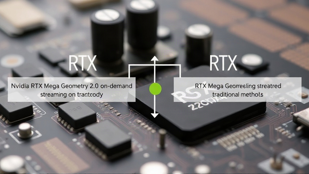 Diagram illustrating RTX Mega Geometry 2.0's on-demand streaming process compared to traditional methods.