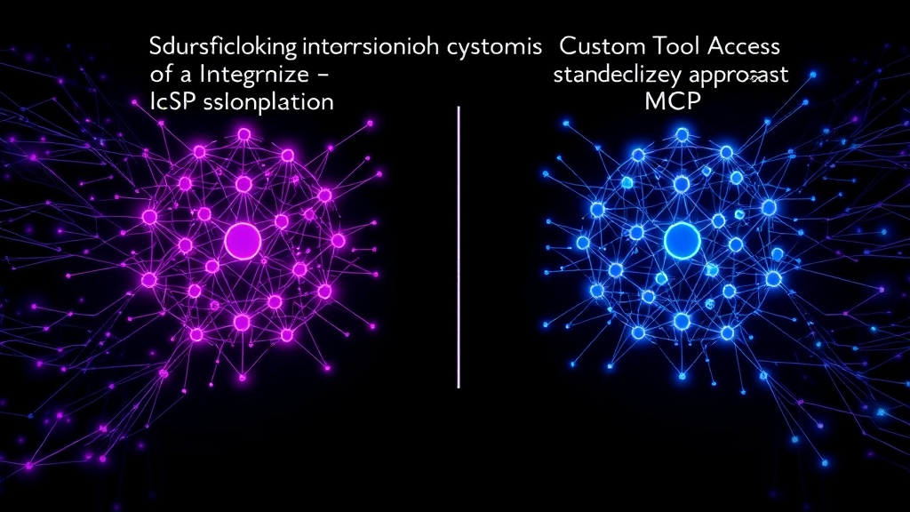 Comparison graphic showing custom integration complexity vs. MCP's standardized approach.