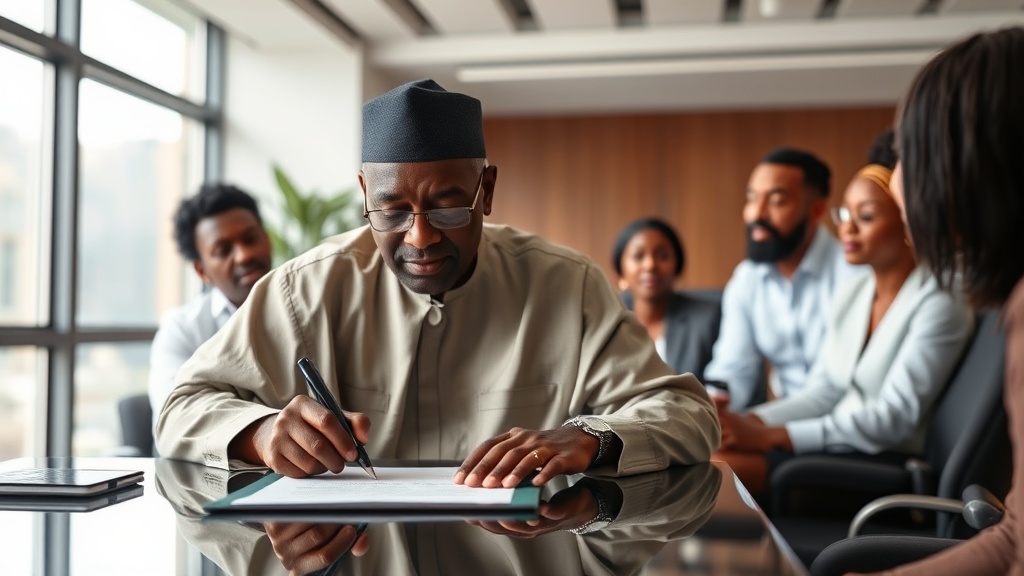Nigerian President Bola Ahmed Tinubu signing an executive order.