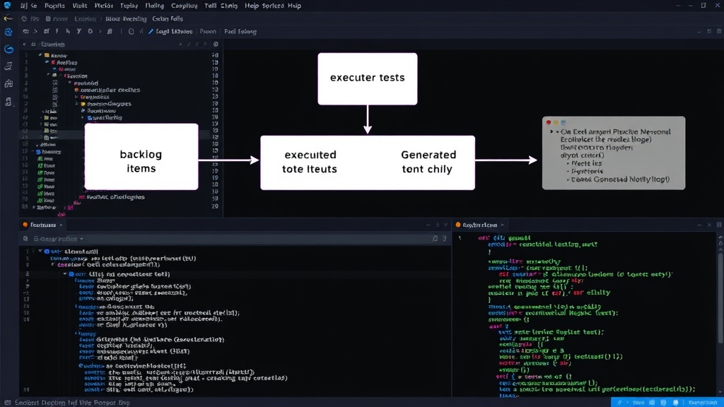 Diagram illustrating the flow from backlog items to executable tests and generated code.