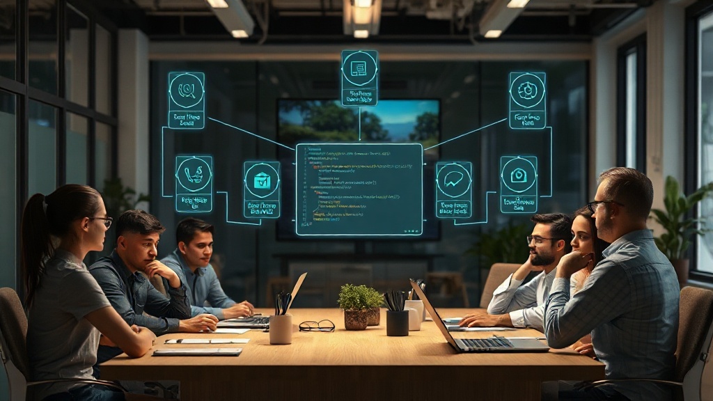 Conceptual diagram showing multiple AI agents collaborating on a code development task.