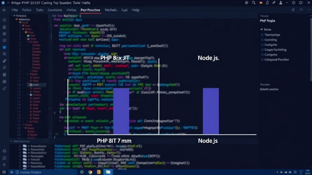 Comparison chart showing PHP 8.x JIT performance against Node.js in web benchmarks