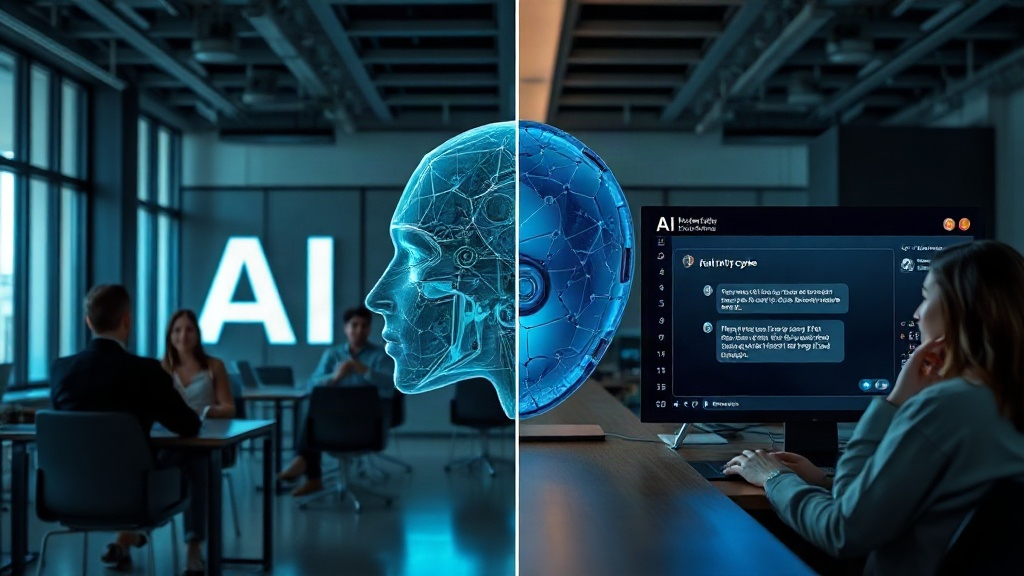A split image showing a dramatic AI headline juxtaposed with a simple chatbot interface